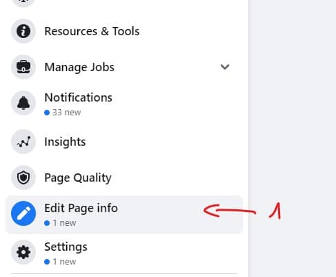 תפריט ניהול עמוד פייסבוק עם חץ אל Edit Page info