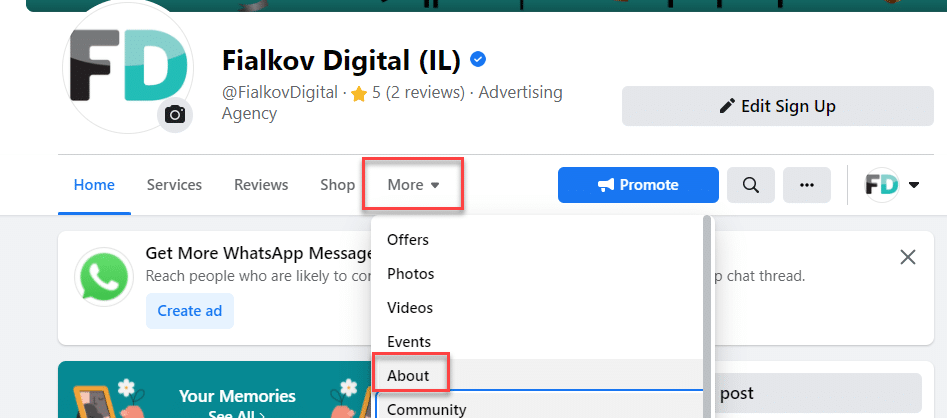 עמוד פייסבוק של Fialkov Digital עם הדגשת לשונית About בתפריט More