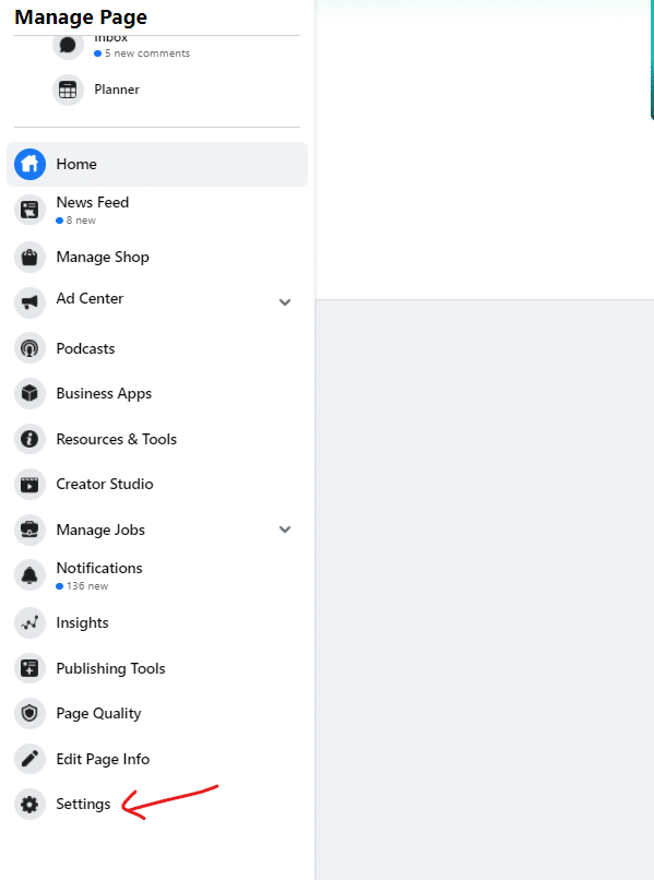 תפריט Manage Page בפייסבוק עם חץ אדום המצביע על Settings