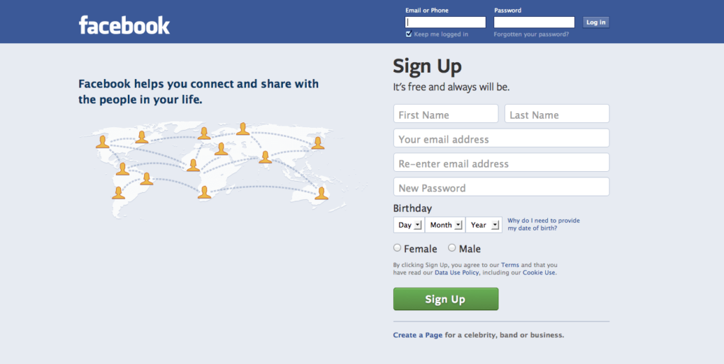 דף הבית וההרשמה של אתר פייסבוק עם טופס Sign Up ומפת עולם