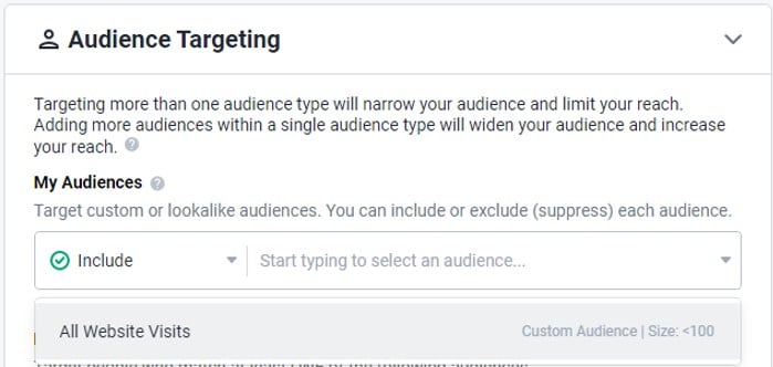 ממשק Audience Targeting להגדרת קהלים ובחירת קהל All Website Visits