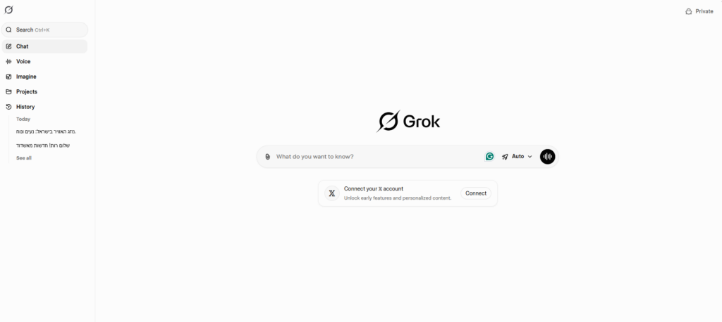 ממשק הצ'אט של Grok עם תיבת שאילתות ותפריט ניווט צדדי