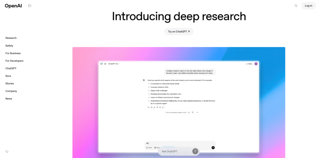 אתר OpenAI המציג את Introducing deep research בממשק ChatGPT