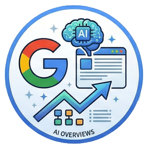 לוגו Google, מוח AI, גרף צמיחה והכיתוב AI OVERVIEWS