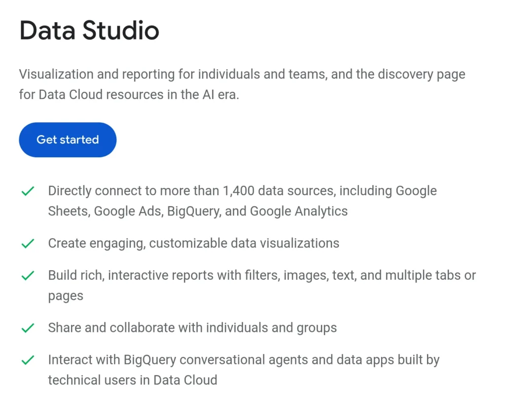 עמוד המוצר של Data Studio: חיבור ליותר מ 1,400 מקורות נתונים ושילוב סוכני שיחה של BigQuery. צילום מסך מאתר Google Cloud
